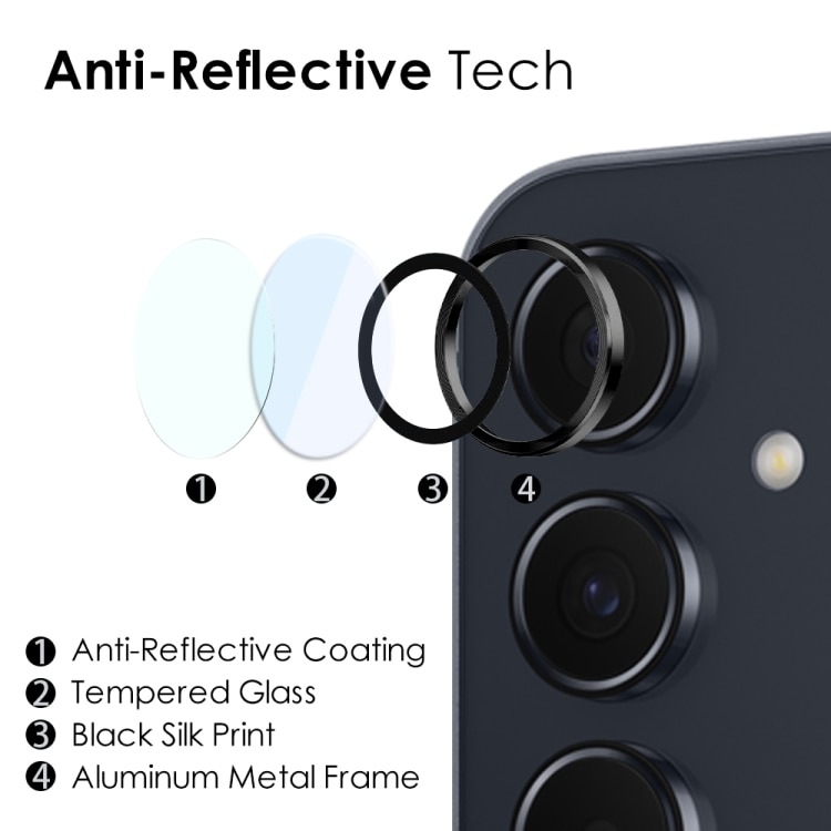 Set protectie camera pentru Samsung Galaxy A35 5G / A55 5G, sticla securizata, rama neagra aluminiu, 3 buc