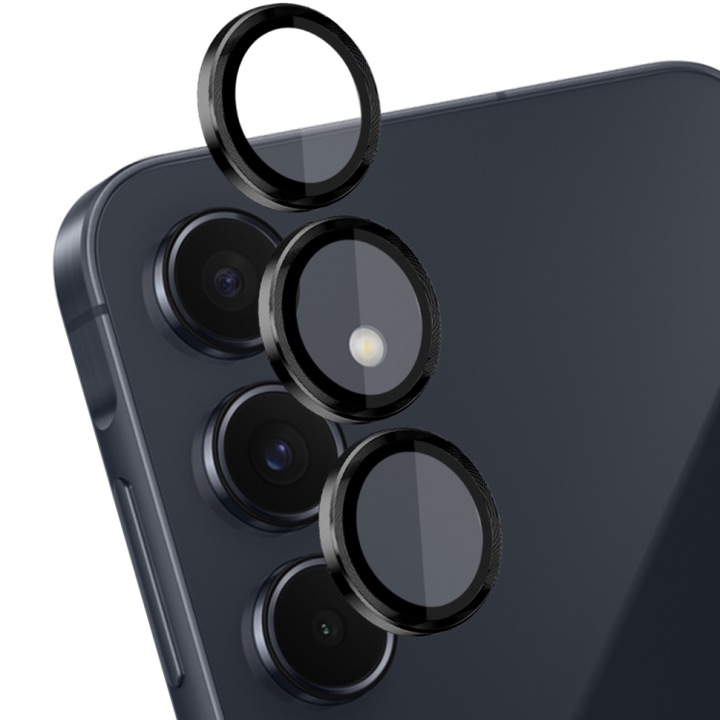 Kameravédő készlet Samsung Galaxy A35 5G / A55 5G-hez, biztonsági üveg, fekete alumínium keret, 3 db