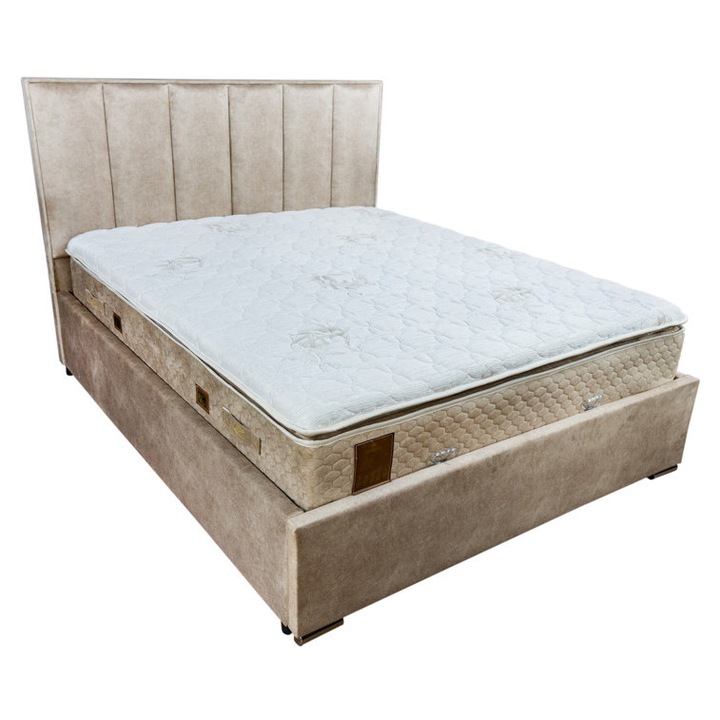 Pat Dormitor Tapitat, Stofa Bej Deschis Klaus-1, 180 x 200 cm, cu somiera fixa din PAL inclusa