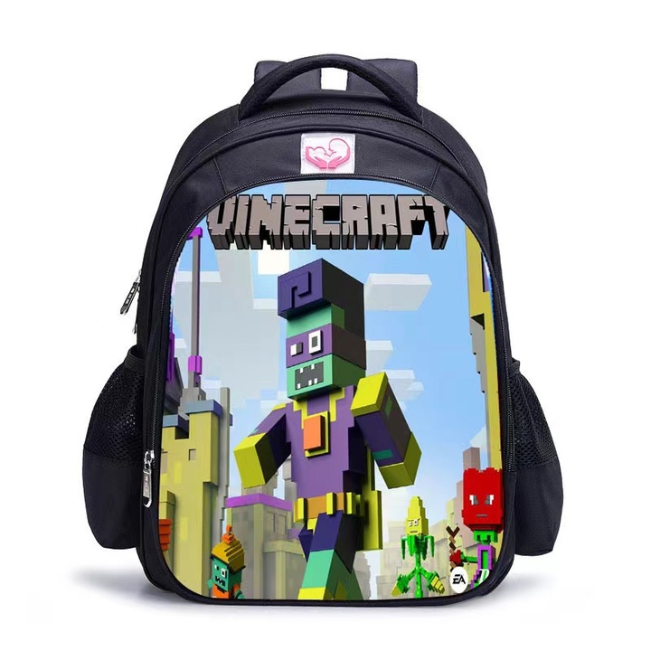 Rucsac pentru copii cu model Minecraft, impermeabil, nailon, ANUTETOUNI®, 29 x 14 x 39 cm, albastru deschis