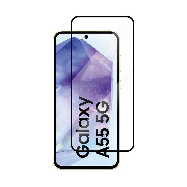 Протектор, Закалено стъкло, Съвместим със Samsung Galaxy A55, Vmax 9D Glass Premium, Японско стъкло Asahi, Черни ръбове