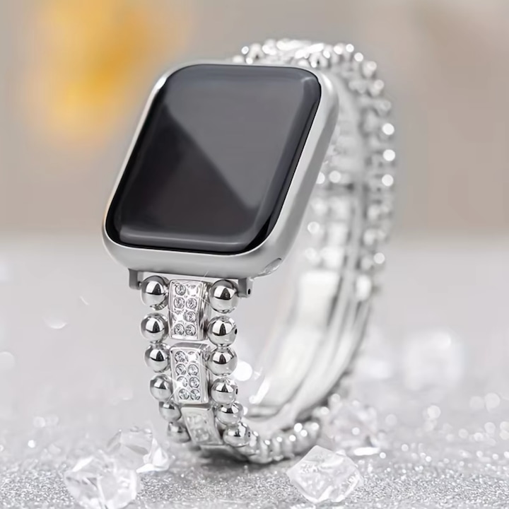 Каишка Метална GAVIO Luxury, Със Камъни Rhinestone, Съвместима С Apple Watch 1, 2, 3, 4, 5, 6, 7, 8, 9, Ultra, SE, 38/40/41 mm, Елегантна, Сребрист