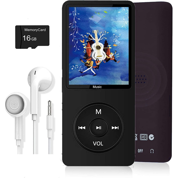 Hordozható MP3 lejátszó, 16 GB, HiFi hang, beépített hangszóró, videó támogatás, e-könyv olvasó, fekete