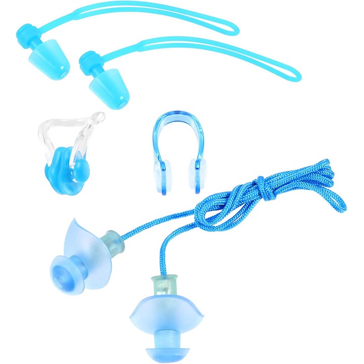 Set dopuri de urechi si cleme nas pentru inot, silicon, albastru, set de 4
