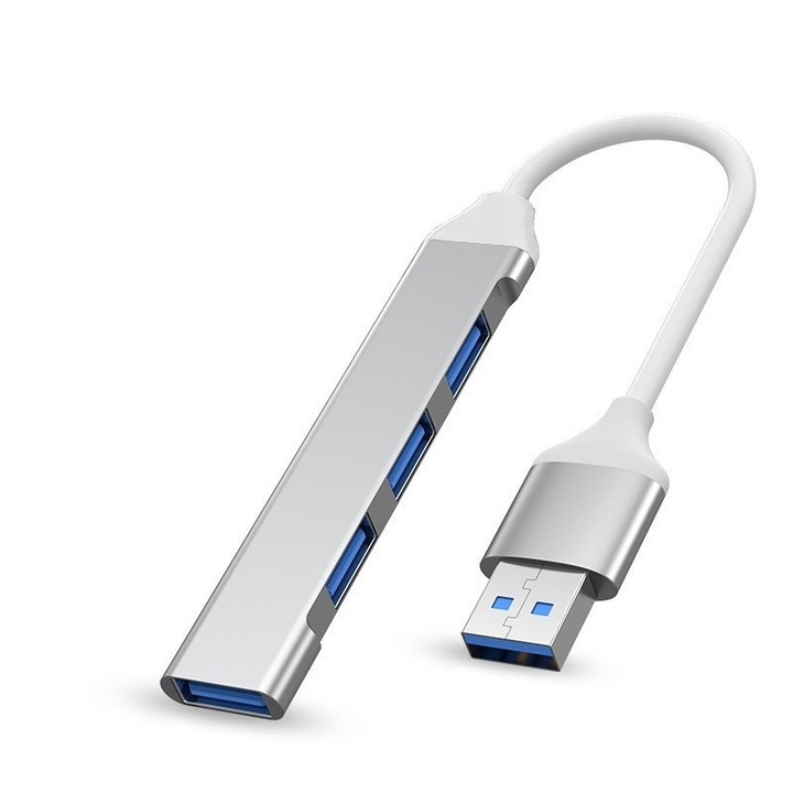 Hub USB 4 in 1, USB la USB 3.0/USB 2.0, Compatibil laptop, Sistemele auto, Plug&Play, Argintiu