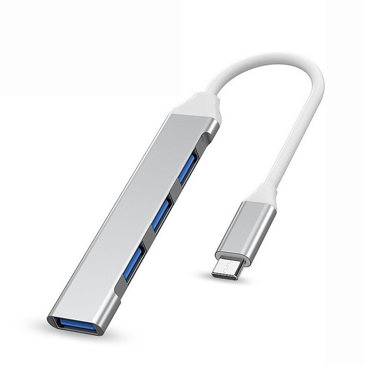 Hub USB 4 in 1, Type-c la USB 3.0/USB 2.0, Compatibil Macbook, Ipad si Android, Plug&Play, Argintiu