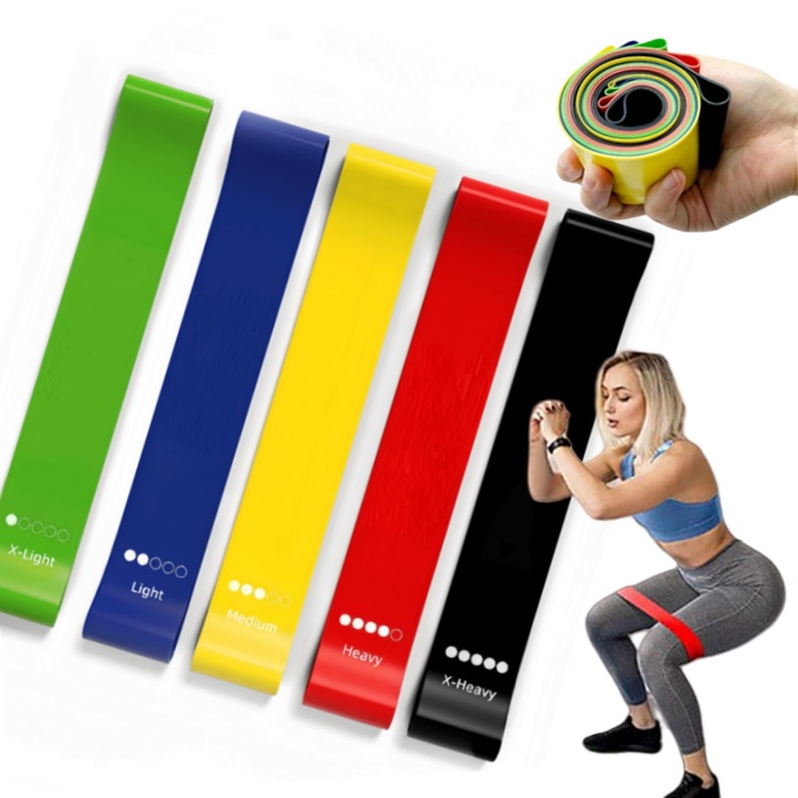 Set 5 mini benzi portabil elastice rezistenta din latex, pentru antrenament sala, fitness, yoga, modelarea soldurilor frumoase, pilates, gimnastica de recuperare, 5 niveluri de dificultate, Multicolor