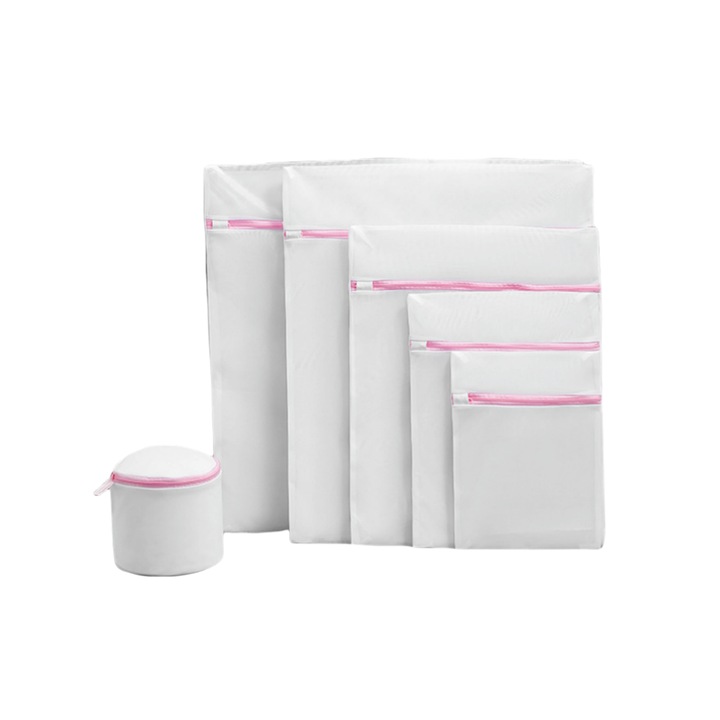 Set 6 saculet pentru rufe delicate si lenjerie intima, smart essentials, cu rol de protectie pentru haine sensibile in masina de spalat si uscator, sac textil pentru depozitare, spalare si uscare rufe, dimensiuni multiple, fermoar, reutilizabil, Alb