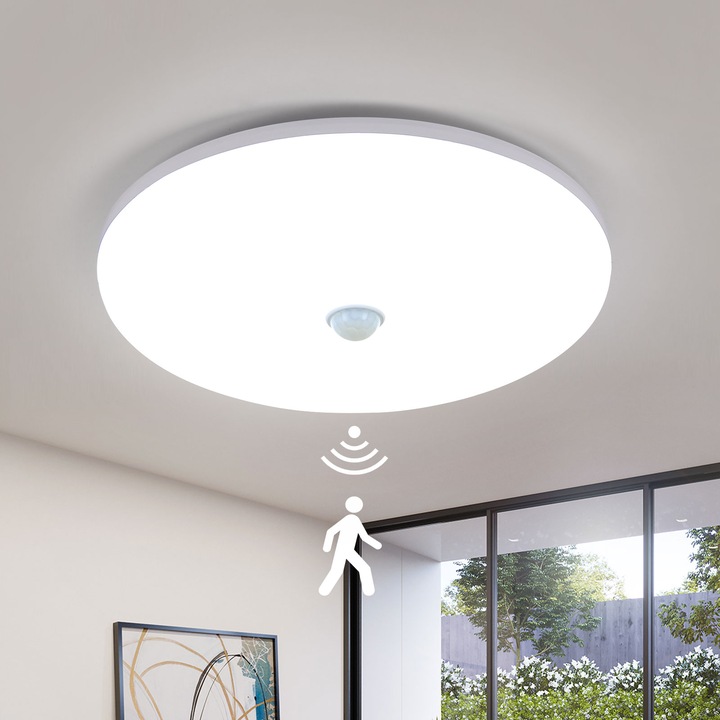 LED таванна лампа, Goeco, 36w, 220v, 6500k, диаметър 23 см, пластмаса, заоблена, със сензор за движение, бяла