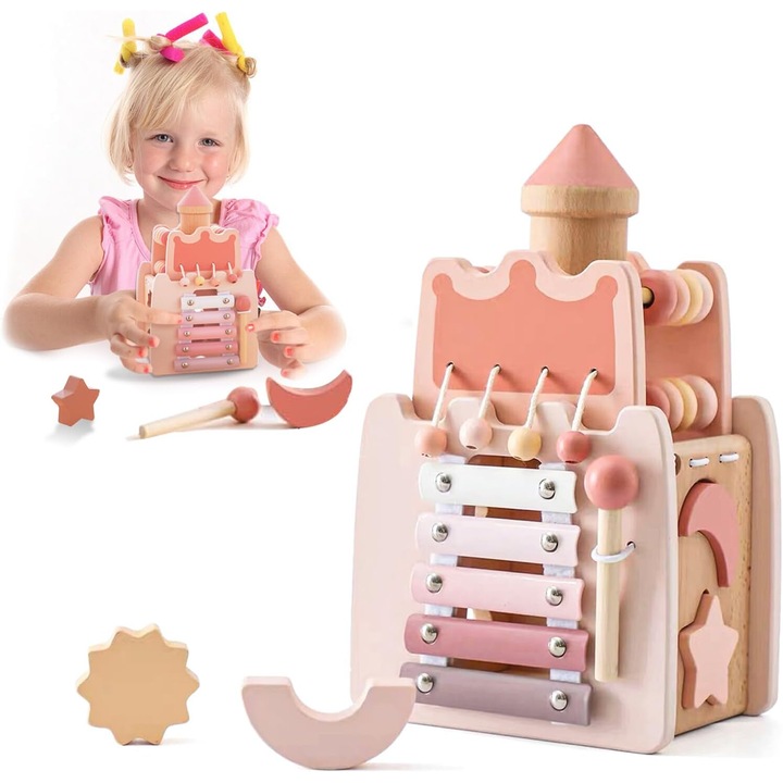 Куб за дейности 5 в 1 тип замък, игра пъзел, многократна игра, розов замък, Mancety