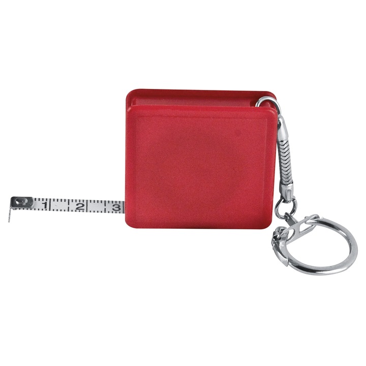 Aberdeen műanyag kulcstartó, 1 méteres mérőszalaggal, piros