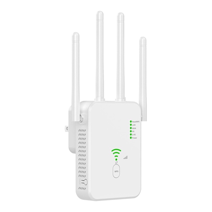 Усилвател на WiFi сигнал Rqiurpn U10, двулентов 1200Mbps, покритие 4800 sq.ft, 4 антени, Ethernet порт, бял