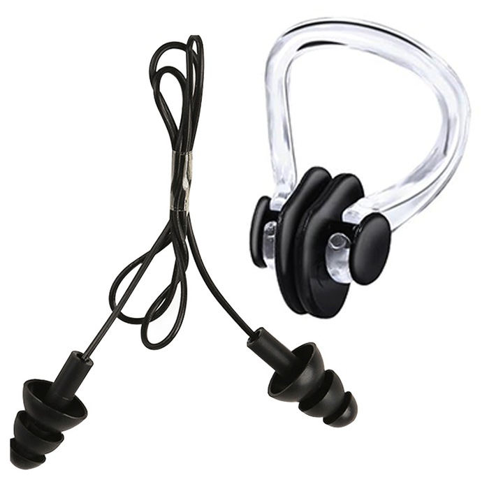 Set de 2 dopuri de urechi si cleme de nas pentru inot, reutilizabile, negru, cutie de depozitare