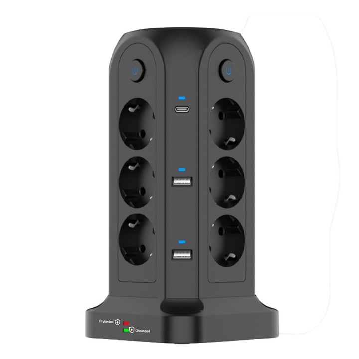 Tower extension, Rqiurpn, 12 гнезда, 4 USB, 2 USB-C, ON/OFF бутон, Защита от пренапрежение, 2m, ABS, черен