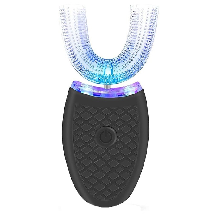 Elektromos fogkefe, Rqiurpn, U alakú, ultrahangos, IPX7, USB töltés, 1500 mAh, 360 fokos tisztítás, 4 fogmosási mód, felnőtteknek, ABS/szilikon, fekete