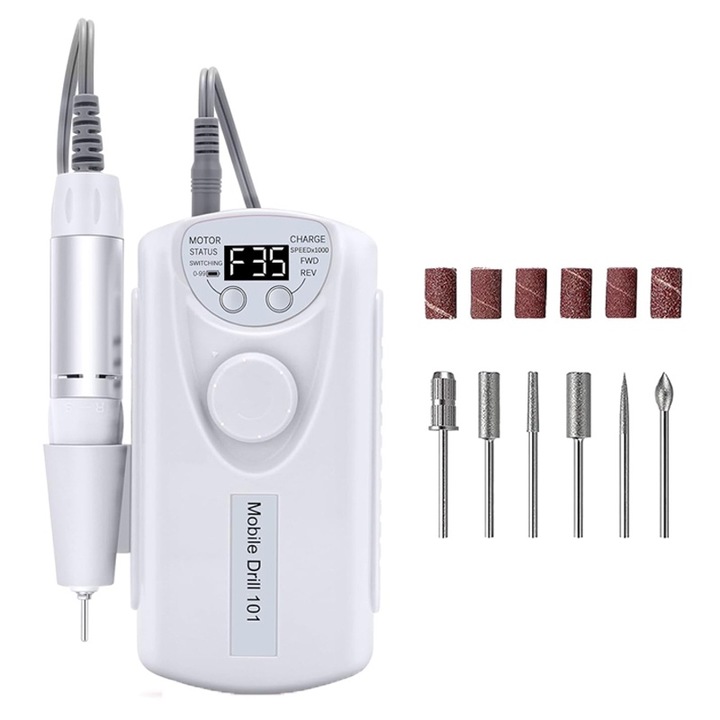 Електрическа пила за нокти Rqiurpn, преносима, акумулаторна, 30000 RPM, комплект аксесоари, бяла