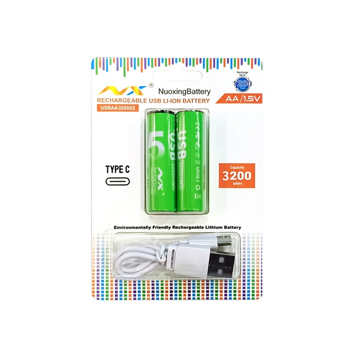 Baterie AA, NUOXING Li-ion 3200mWh 1.5V, Incarcare Rapida USB-C, Set 2 buc, Multicolor