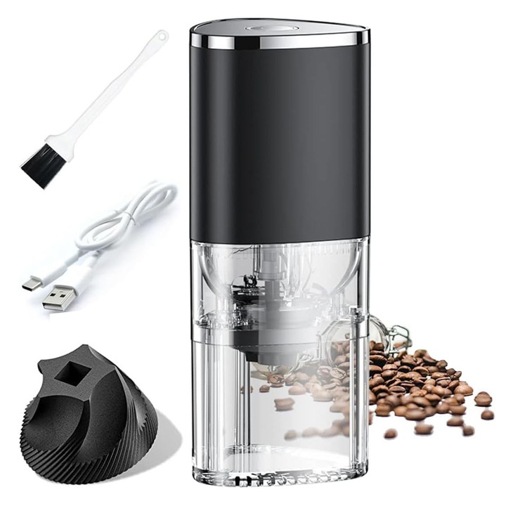 Rasnita cafea Electrica portabila, ajustare grosime macinare, incarcare USB, 25 g boabe,1500mAh, negru, 19x7.5cm