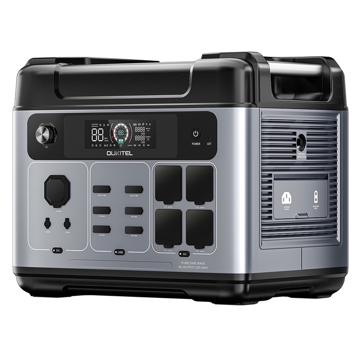 Преносима електроцентрала OUKITEL P2001 Plus, 2400 W, 2048 Wh LiFePO4 батерия, 13 порта, 80% зареждане за 1 час, интелигентно управление чрез APP, регулиране на мощността, IP54 защита от прах и пръски