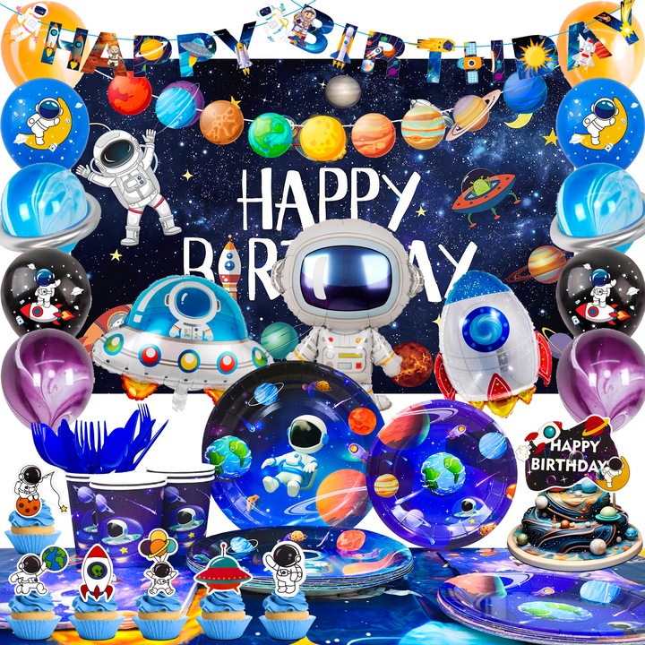 Set Accesorii pentru Petrecere InBoxxarty, Tematica Spatiala, Multicolor, ziua de nastere cu tema astronaut, farfurii, servele132 Piese