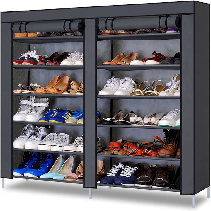 Текстилен шкаф за обувки Sternhoff, с 12 рафта, масивна стоманена рамка, водоустойчив материал, лесно сглобяване, размери 120x110x30 см, графит