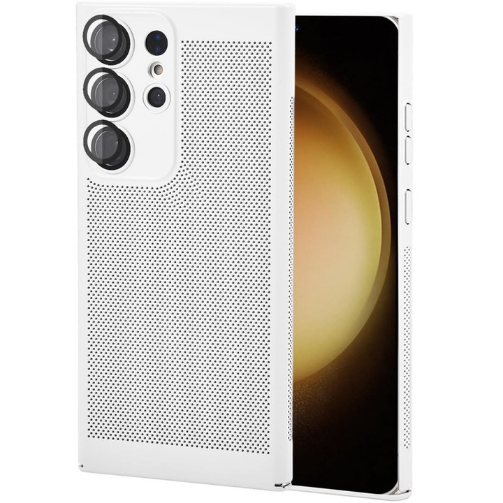 Légáteresztő tok beépített lencsevédelemmel, polikarbonát, fehér, Samsung Galaxy S24 Ultra készülékhez