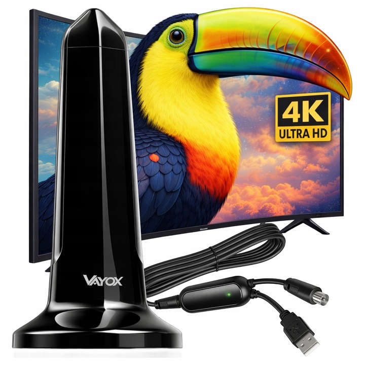 Antena TV camera omnidirectionala Vayox, pentru televiziune terestra DVB-T/DVB-T2, Cu amplificator, magnet, interioara, UHF, FULL HD, 4K, filtru LTE 4G, Cablu 3m, 5V, Negru