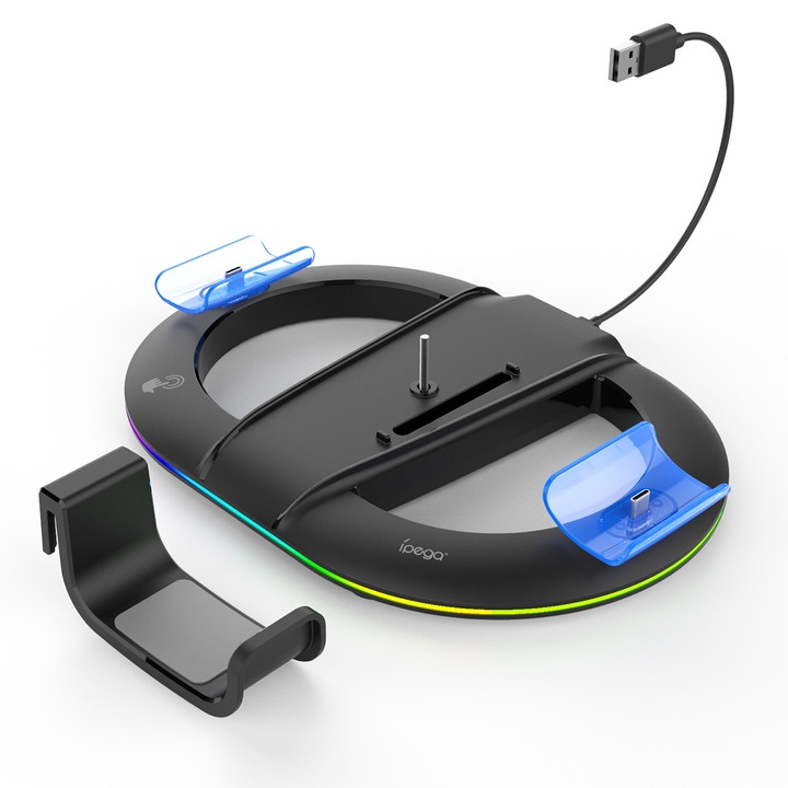 Вертикална стойка 5 в 1 многофункционален PS5 / PS5 Slim, с двойна зарядна станция за 2 контролера, 3H бързо зареждане, поддръжка на слушалки, RGB светлина, за Play Station 5 & Play Station 5 Slim, черен