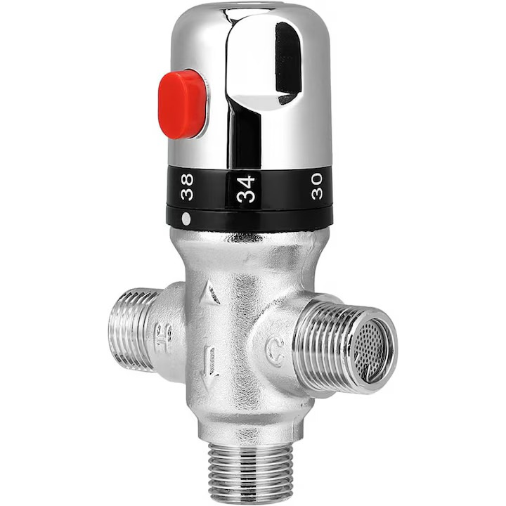Termosztatikus keverőszelep, AEWOYAD®, négyrészes DN15 átmérő 20mm, leforrázás elleni védelem, tiszta réz bevonat, 20°C-60°C között állítható