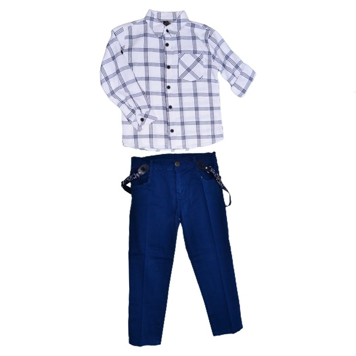 Compleu format din 3 piese pantaloni, camasa si bretele pentru baieti Mini Junior COMP-1271, Albastru 110846