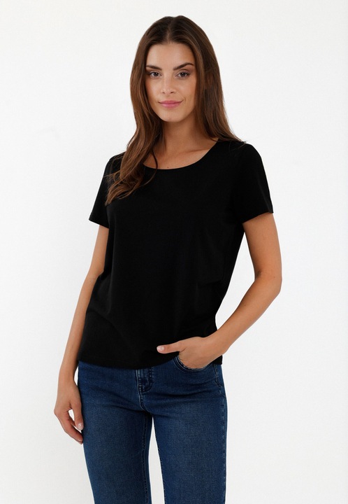 Tricou de bumbac cu decolteu la baza gatului, T‑DIANA, Volcano, Czarny, Negru