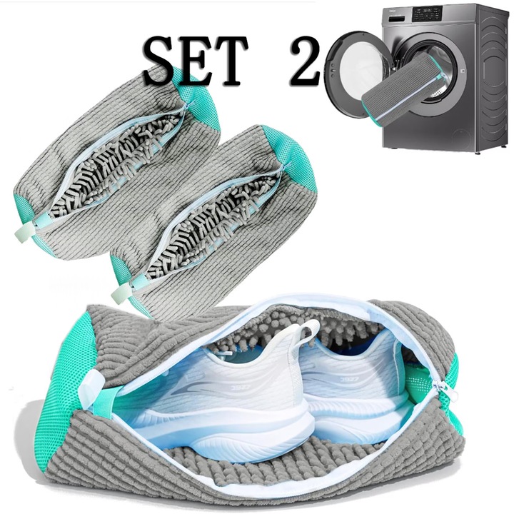 Set 2 Bucati, Sac de Spalat pentru Incaltaminte, Gri, Poliester, cu Fermoar，sac de spalat pantofi cu zip, ， sac de spalat pantofi reutilizabil