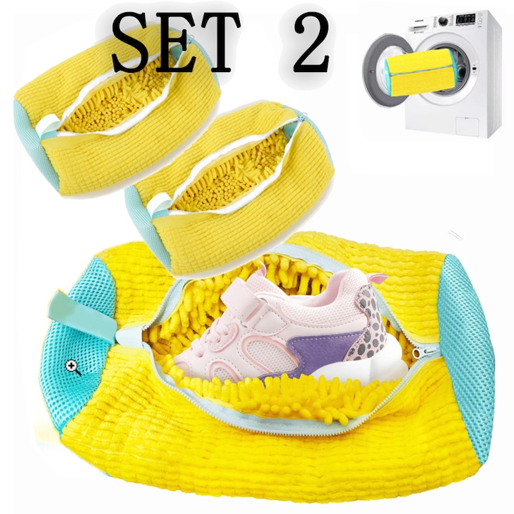Set 2 Bucati, Sac de Spalat pentru Incaltaminte, Galben, Poliester, cu Fermoar， sac de spalat pantofi cu zip, ，sac de spalat pantofi reutilizabil