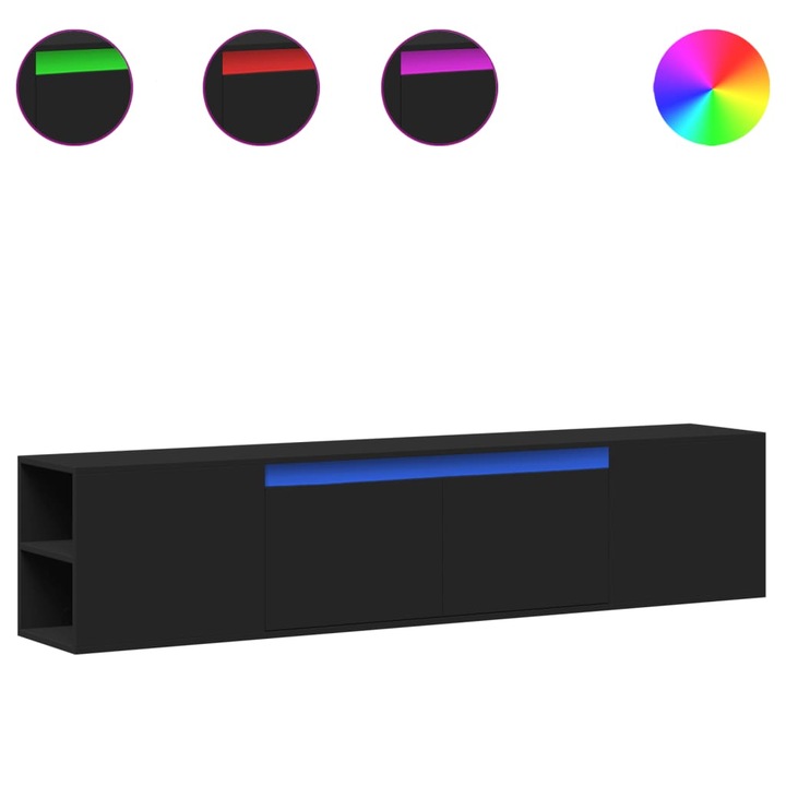 Dulap TV de perete cu lumini LED vidaXL, negru, 180x31x39,5 cm, 16.2 kg