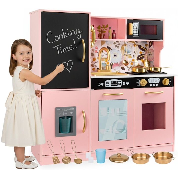 Set Bucatarie pentru Copii din Lemn Natural, Pink Floral Cuisine, Mobilier si Sunete Realiste, Elemente Detasabile, Set Ustensile, Tabla de scris, Telefon, Masina de gheata, Microunde, Chiuveta, 80.5 CM Inaltime, Pink Floral