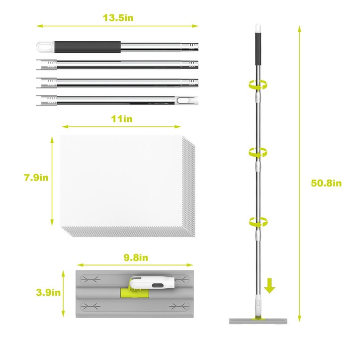 Mop pentru Curatarea Podelei EHOMGUI, maner din otel inoxidabil, gri, 50.8x9.8x3.9cm, set 1 mop si 10 lavete uscate