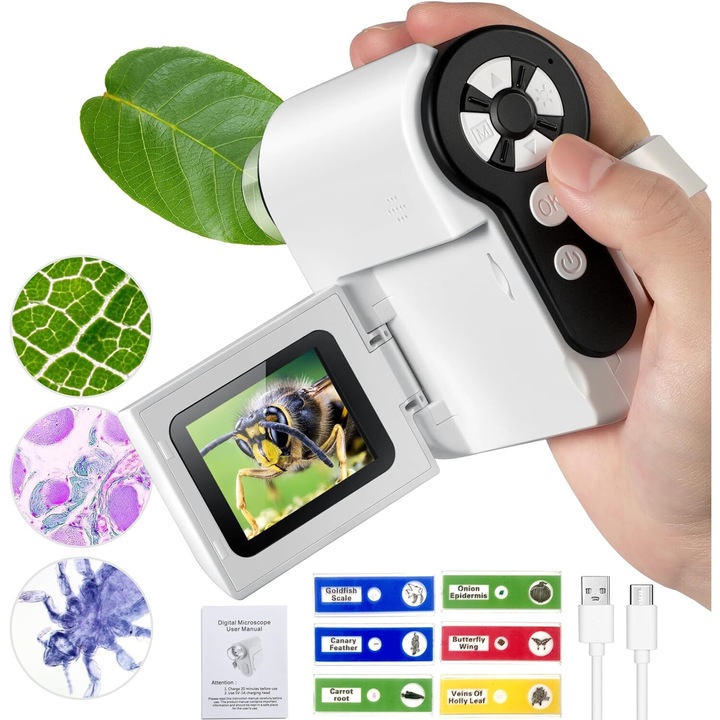 Microscop Portabil Digital Pentru Copii, Studenti, cu 3 Moduri de Functionare, Inregistrare Full HD, Baterie de 1200mAh, Conectare WIFI si USB, Functie foto/video, Microbiologic, Alb