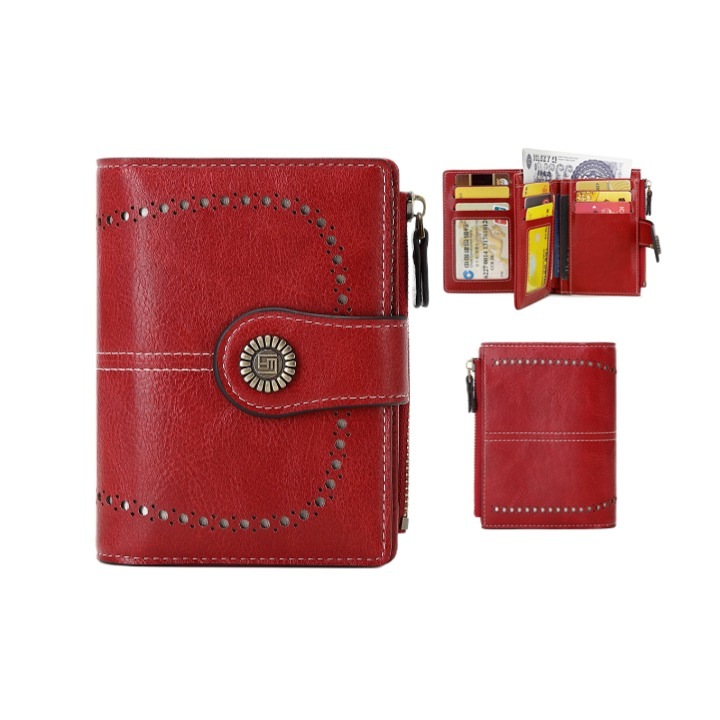 Portofel mic anti-furt RFID pentru femei, Rasekon, Piele, Rosu