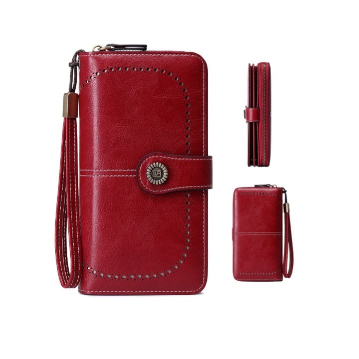 Portofel dama, cu blocare RFID, piele naturala, portofel lung de mare capacitate cu fermoar, cu suport pentru telefon, ambreiaj de calatorie, 19 x 11 x 3.5 cm, Rasekon, Rosu