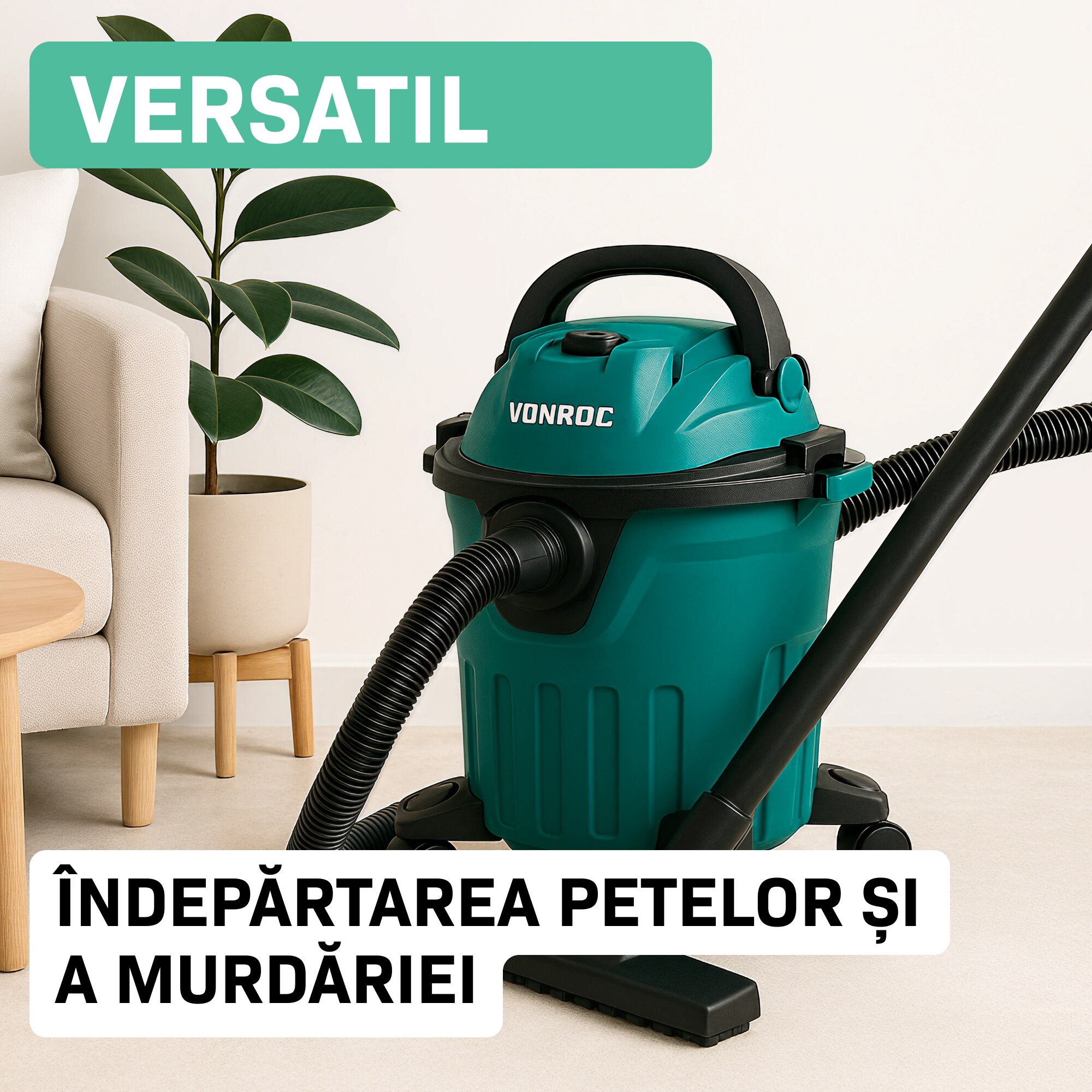 Aspirator curatat tapiterii VONROC VC510AC, rezervor 12L, cu flacon pulverizator, cablu 5m, inclus diferite duze