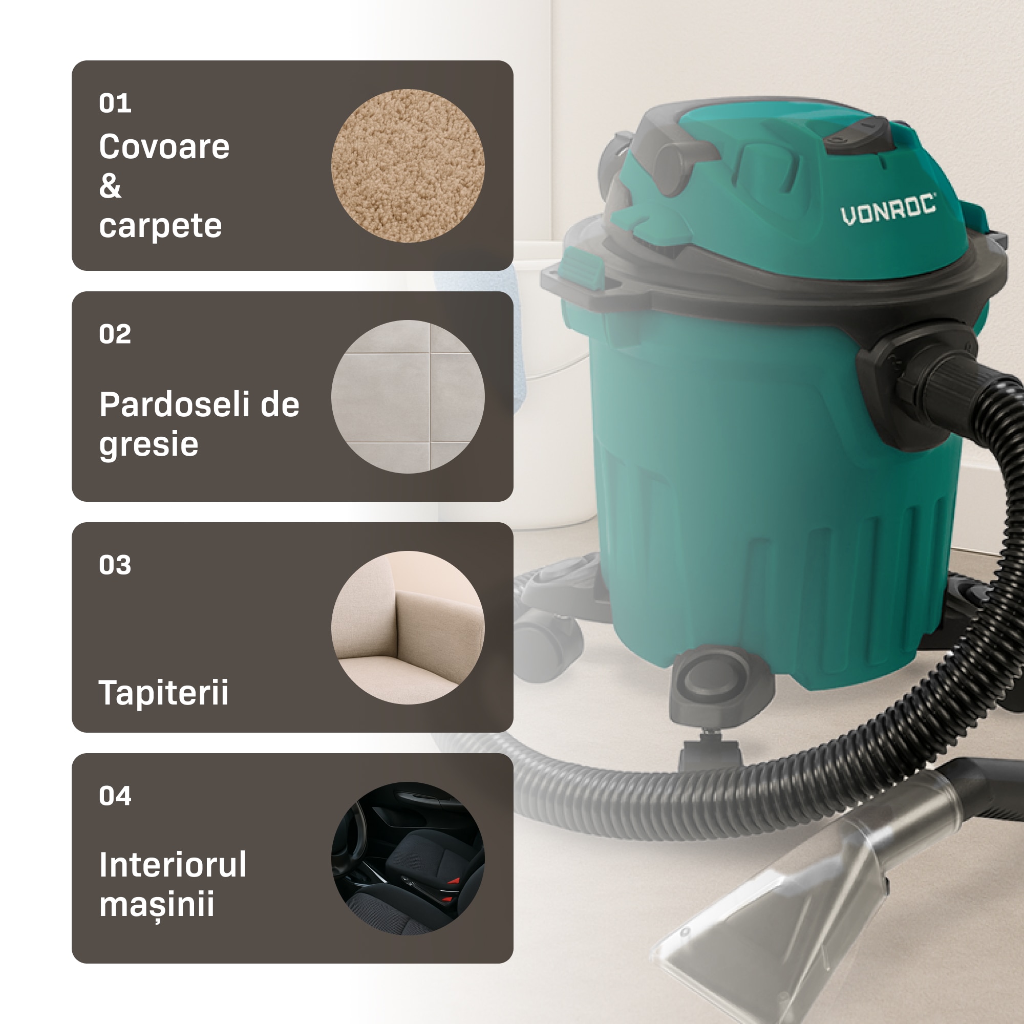 Aspirator curatat tapiterii VONROC VC510AC, rezervor 12L, cu flacon pulverizator, cablu 5m, inclus diferite duze
