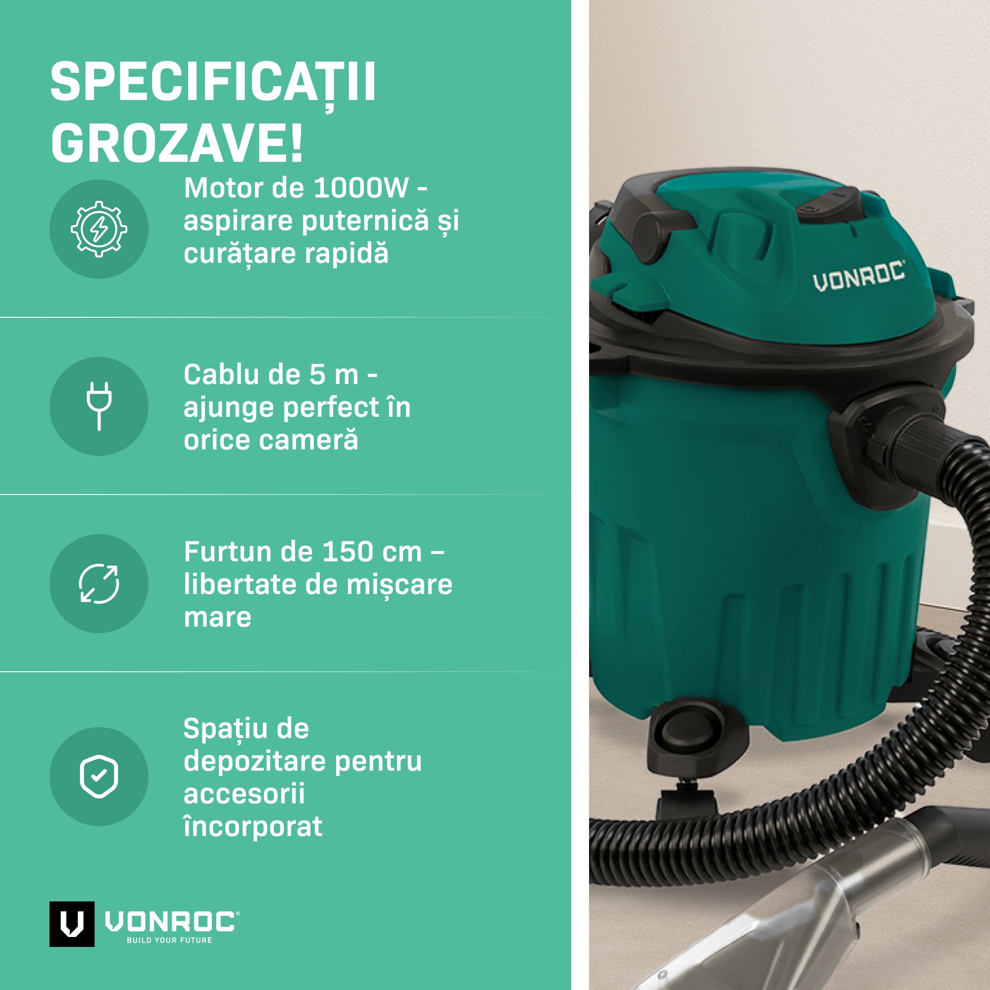 Aspirator curatat tapiterii VONROC VC510AC, rezervor 12L, cu flacon pulverizator, cablu 5m, inclus diferite duze