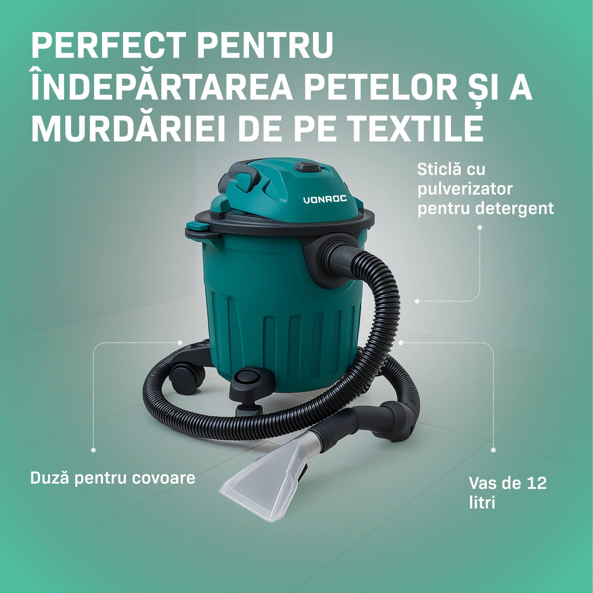 Aspirator curatat tapiterii VONROC VC510AC, rezervor 12L, cu flacon pulverizator, cablu 5m, inclus diferite duze