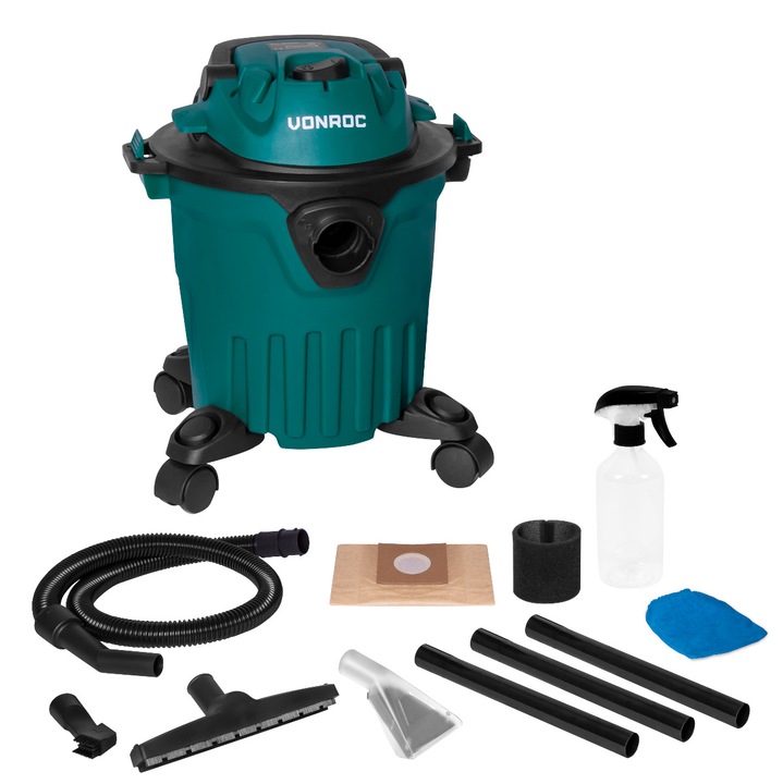 Aspirator curatat tapiterii VONROC VC510AC, rezervor 12L, cu flacon pulverizator, cablu 5m, inclus diferite duze