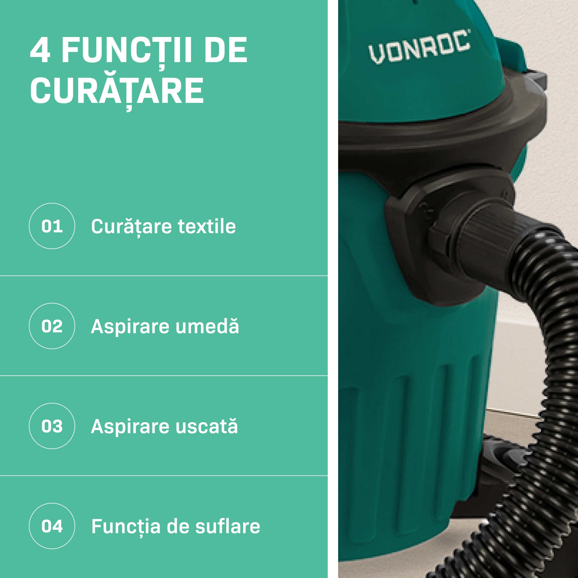 Aspirator curatat tapiterii VONROC VC510AC, rezervor 12L, cu flacon pulverizator, cablu 5m, inclus diferite duze