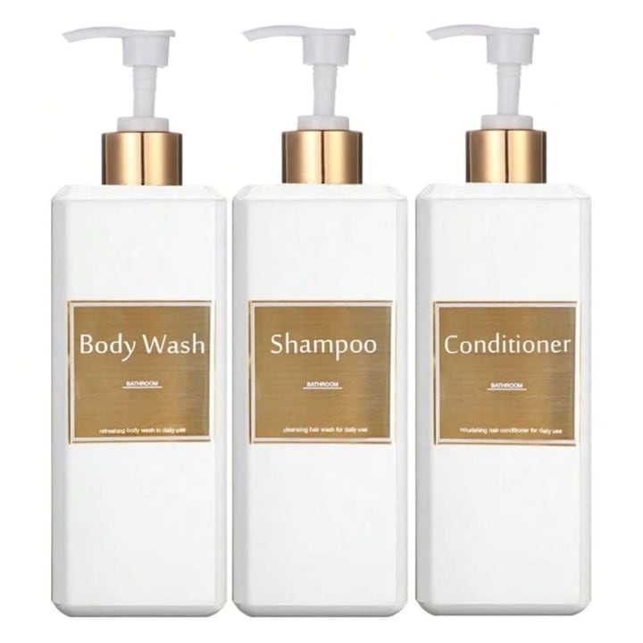 Set 3 Dispensere pentru sampon, balsam si gel de dus, PVC, 500 ml, culoare alb