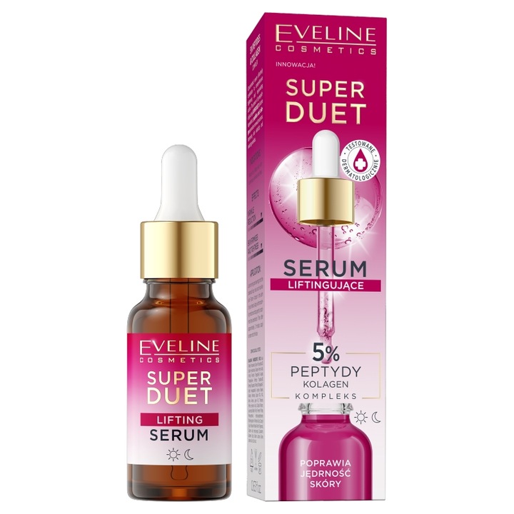 Ser concentrat de lifting Eveline Super Duo cu 5% peptide si complex de colagen pentru piele uscata si matura, 18 ml