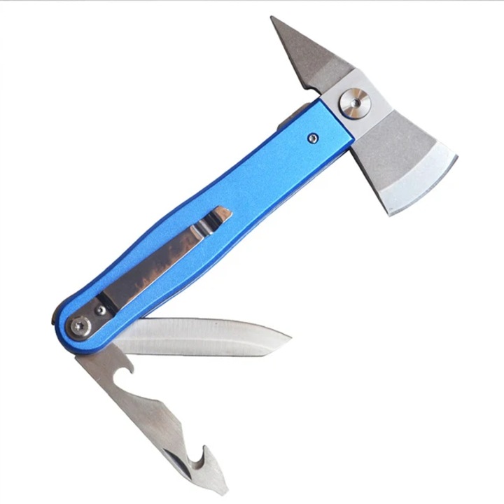 Mini fejsze forgófejjel, késsel és nyitóval, övcsipesz, tok, többfunkciós, acélból, 15 cm, kék, dalimag