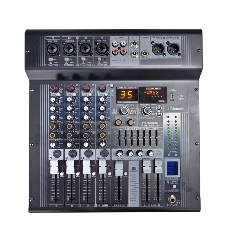 BOMGE NX4 аудио миксер, 4 канала, 750W, DSP ефекти, USB, 48V фантом, черен, 34.5x37x18cm