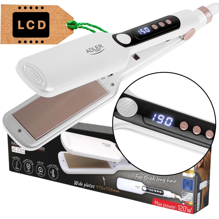 Set Placa De Indreptat Parul, Manual De Utilizare, Adler, Ad 2325, 7 Setari De Temperatura 150°C, 160°C, 170°C, 180°C, 190°C, 200°C, 210°C, Ecran Lcd, Varf Rece Apasare Sigura A Placilor Fara Arsuri, 4,1 x 10,6 x 180 cm, Alb